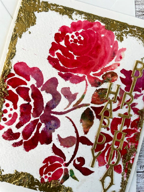 Gold Stenciled Roses Happy Birthday Card