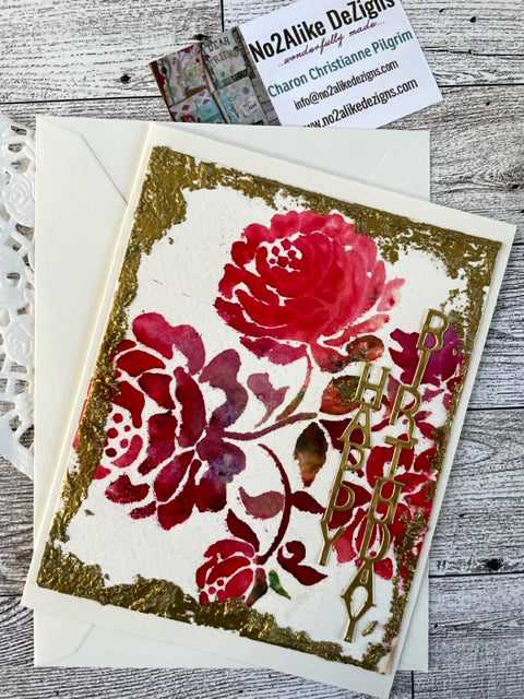 Gold Stenciled Roses Happy Birthday Card